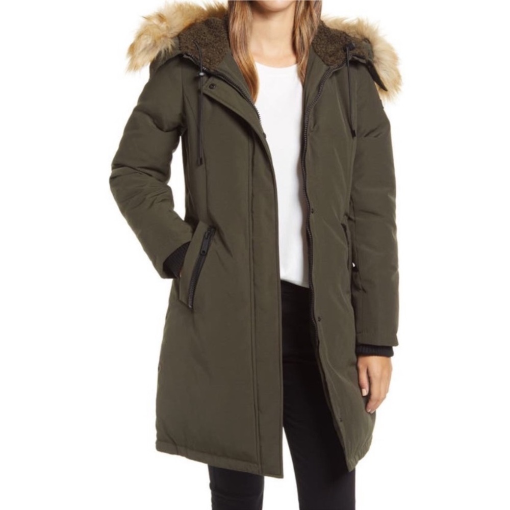 Like New Sam Edelman Loden olive green faux fur hood puffer parka jacket XS - Picture 2 of 10